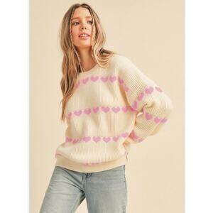 Major Label Group Chunky Knit Pullover Sweater Pink Hearts M Soft Feminine Warm